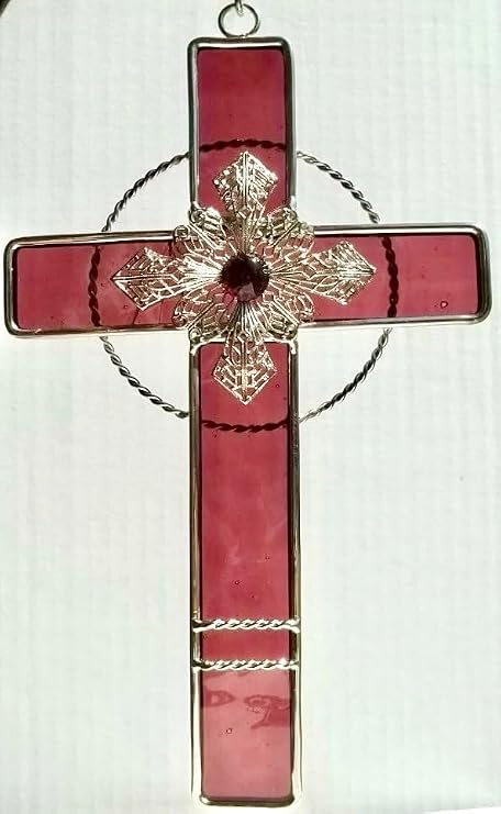Artist Unknown Mauve Filigree Stained Glass Cross Suncatcher 9 x 5 Inches Real Stained Glass with Silver Plated Finish Christian Window Hanging Religious Home Decor Gift from SassyXpressions