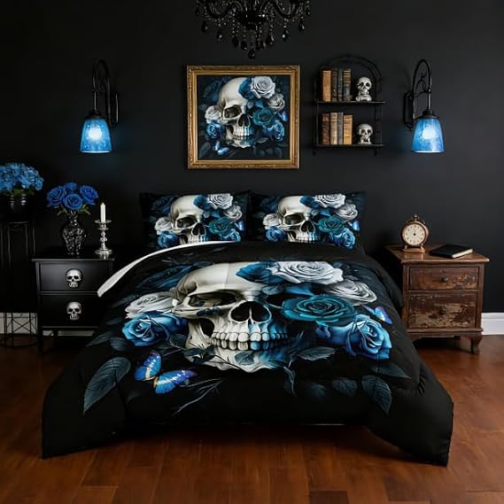 Skull Gothic Comforter Set Twin Size with 2 Pillowcases. | Blue Rose Flower Comforter for Kids Boys Girls Home Decor,Halloween Horror Themed Bedding Set.