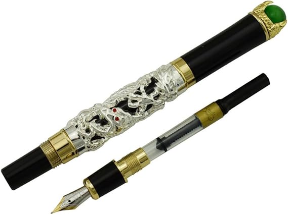 Jinhao Ancient Silver Dragon Fountain Pen Medium Nib Playing Pearl Green Jewelry with pen pouch