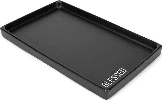 NAT & Jules Blessed 10 x 6 inch Ceramic Stoneware Vanity Tray - Perfect Bathroom or Kitchen Counter Organization Decor: Sponge Holder, Soap Dish, Jewelry and Perfume Tray, Blessed Black