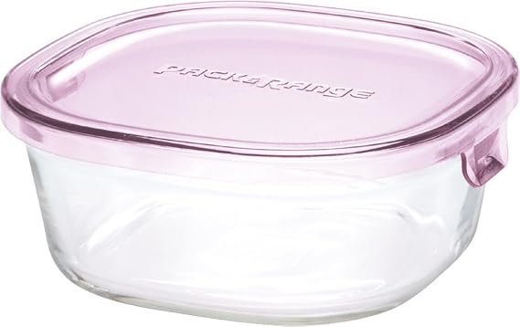 Iwaki Heat-Resistant Glass Storage Container, Pink, Square, S, 15.2 fl oz 450 ml, Rice, 1 Bowl, Pack & Range