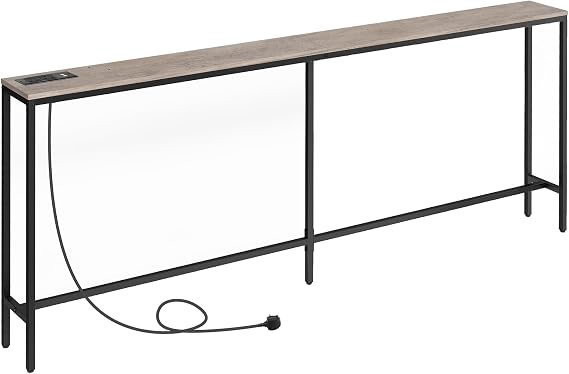MAHANCRIS Console Table with Power Outlet, 200 cm Narrow Sofa Table, Industrial Entryway Table with USB Ports, Behind Couch for Entryway, Hallway, Living Room, Greige and Black ACTHG20KE01