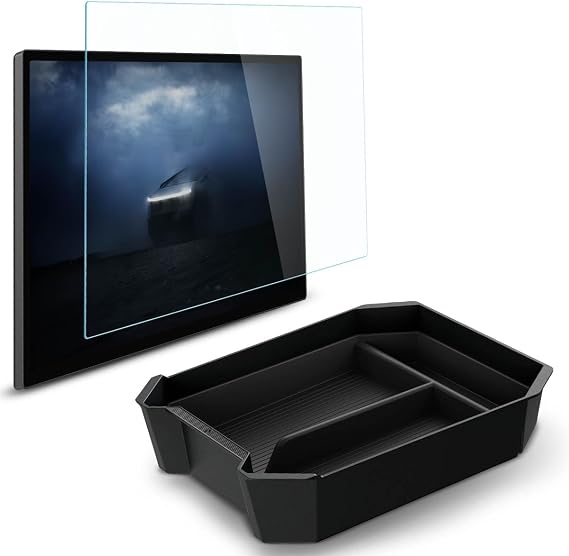 Spigen Center Console Organizer Tray (TOP) Bundle with Tempered Glass Screen Protector [Glas.tR EZ FIT] (18.5 inch Dashboard Touchscreen) Designed for Tesla Cybertruck