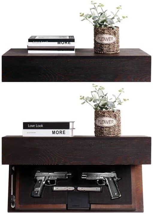 LAPTAIN Husband Gift-Rustic Floating Shelf with Hidden Compartment for Gun Storage, Wall Shelves for Living Room Decor, Wooden Concealment Shelf, RFID Lock, Espresso