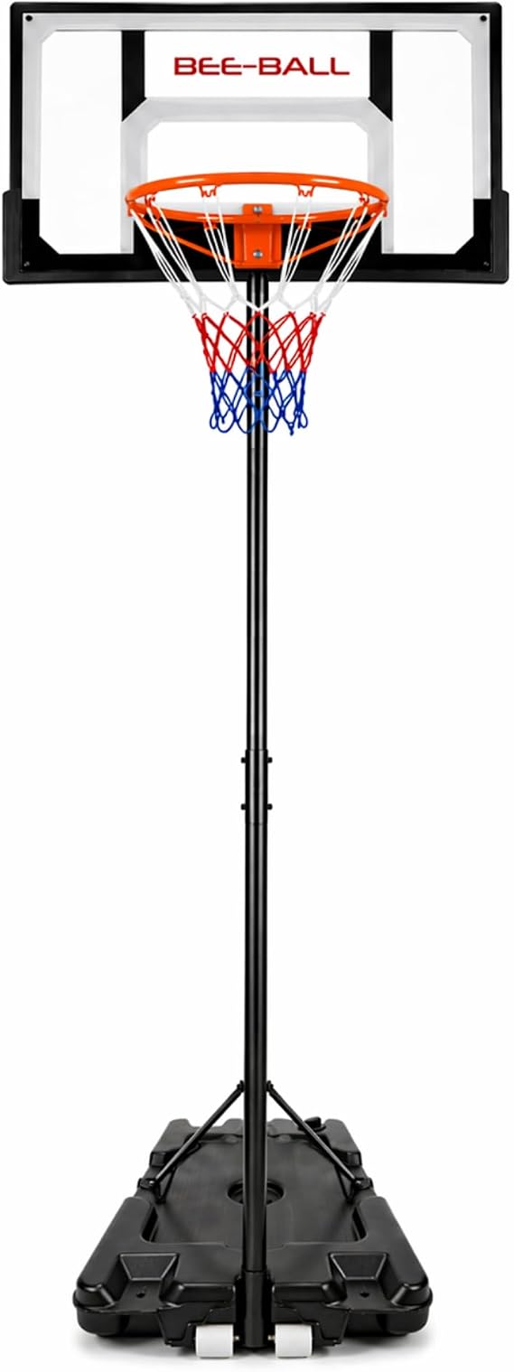 Bee-Ball Portable Basketball Hoop & Stand (Up to 7ft) | Shatter-Resistant Backboard | Outdoor Free Standing System for All Ages (2026 Upgrade)