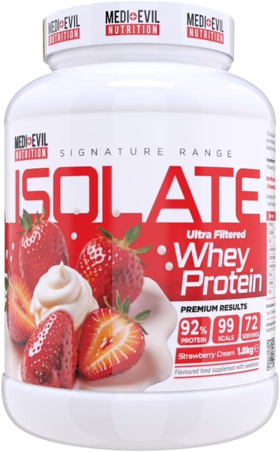 Medi Evil Nutrition Whey Protein Isolate 1.8kg – High Protein, Low Sugar, Low Carb, 99 Calories, Premium Protein Powder for Lean Muscle & Strength from Grass Fed Whey (1.8kg, Strawberry Cream)