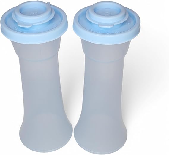 Tupperware Large Hourglass Salt and Pepper Shaker Set Sheer Ice Blue Containers with Ice Blue Seals