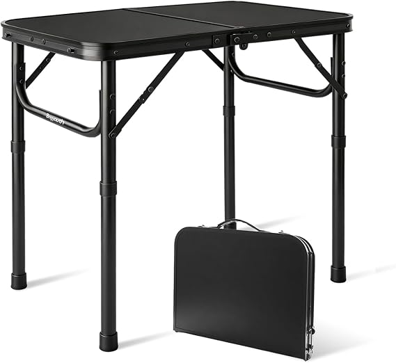 2ft Small Folding Table 60x40cm, 26/55cm Adjustable Height Portable Camping Table, Lightweight Compact with Carry Handle for Picnic Garden Bedside, Easy-Clean Top, Black