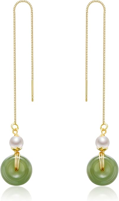 Natural Hetian Jade Dangling Earrings for Women Lucky Handmade Earrings Natural Bead Pendant Drop Earrings Green Long Wire Bridal Jade Jewelry