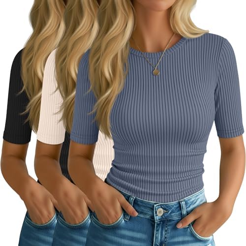 Riyiper 3 Pack Women's Half Sleeve Tops, Elbow Length Ribbed Cotton T Shirt Crew Neck Summer Tee Slim Fit Casual Blouses