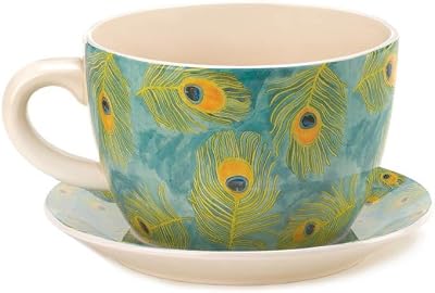 Decor and More Store 10016839 Large Style Garden Pot Cup and Saucer with Drain Hole Peacock Feather Teacup Planter