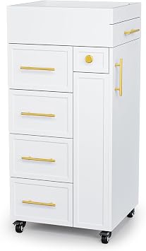 OmySalon Salon Trolley Cart, Hair Styling Station with 5 Drawers, 3 Tool Holders & Adjustable Shelf, Mobile Storage Cabinet Utility Trolley for Barber, Beauty Spa, Home (White)