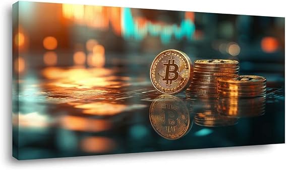 ZESTRILIA Bitcoin Canvas Wall Art for Living Room Office Gold Contemporary Elegant Canvas Artwork Office Room Decor