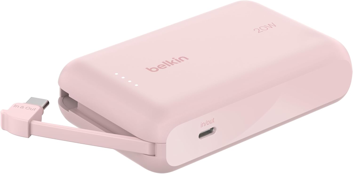 Belkin BoostCharge Power Bank, Entegre Kablolu Taşınabilir Şarj Cihazı 10K PD 20W - USB-C Güç Dağıtımı, iPhone Power Bank iPhone 17 Serisi, iPad Pro, Galaxy S25 ve Daha Fazlası için Hızlı Şarj