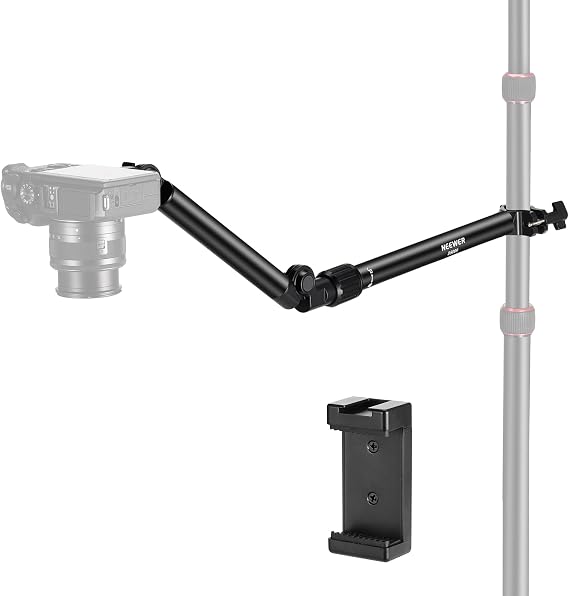 NEEWER Overhead Camera Mount Arm with Phone Clip, 22"/56cm 180&360 2 Section Flexible Holding Arm for Desk Stand, Fits 0.87"-1.1" Tube, 5.5lb/2.5kg Max Load for Camera LED Ring Light Mic, DS009