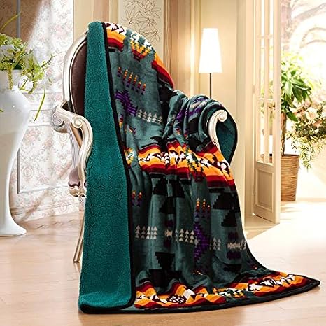 Southwest Design (Navajo Print) Sherpa Lined Throw 16112 Dark Teal Green