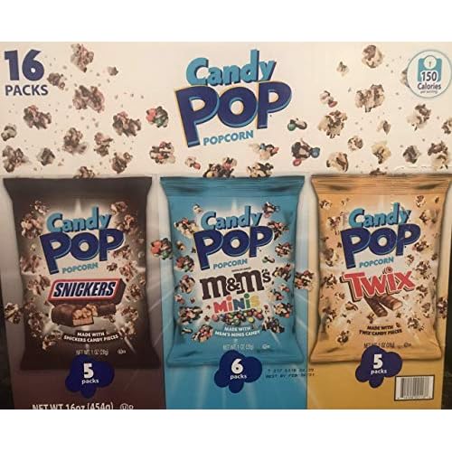 Candy Pop Candy Coated Popcorn, M&Ms Minis, Snickers, Twix 1oz Bags, 16-Pack