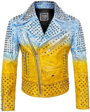 Mens Studded Spiked Skull Rockstar Biker Geniune Leather Jacket - Funky Punk Rock Motorcycle Streetwear Coat