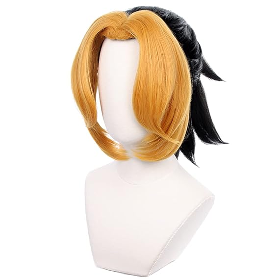 Anime Demon Makio Wig Black with Yellow Bangs Short Curly Ponytail Party Hair Halloween Cosplay Props Accessory