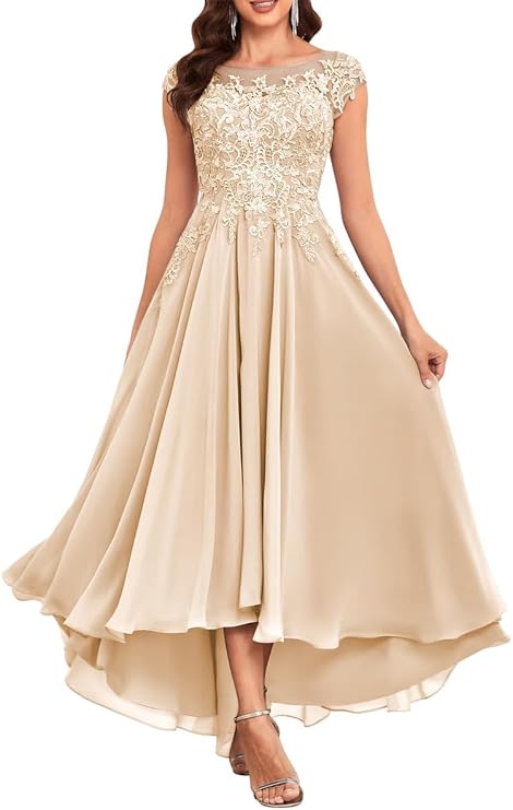 Tea Length Mother of the Bride Dresses for Wedding Lace Chiffon Women Formal Evening Gown with Pockets