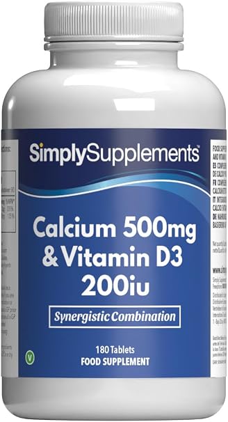 Calcium 500 mg & Vitamin D3 200 IU Healthy Bones & Teeth Contributes to Normal Muscle Function Suitable for Vegetarians & Vegans 180 Tablets = 3 Months Made in the UK