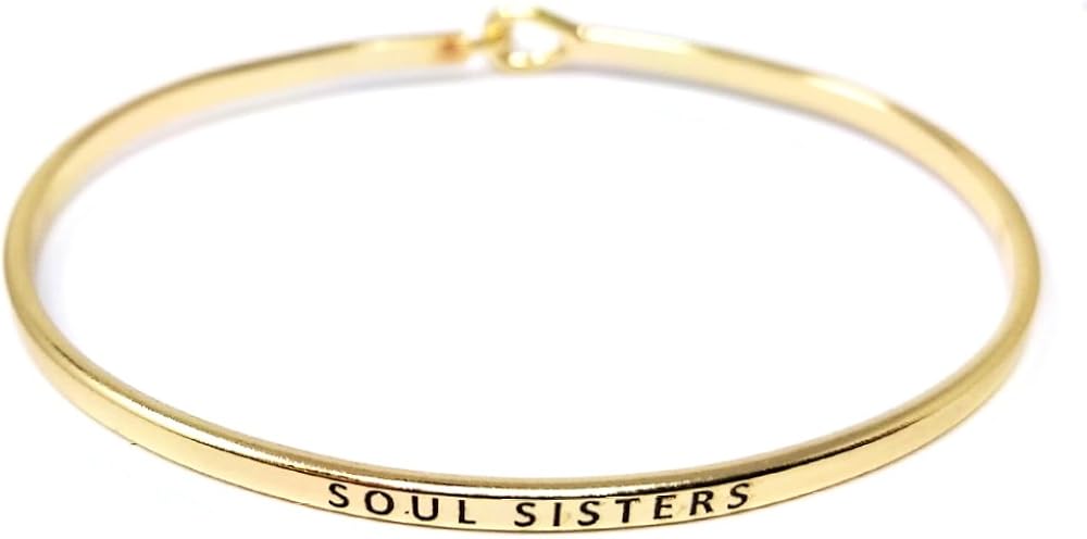 by you Inspirational Positive Message Engraved Thin Cuff Bangle Hook Bracelet Soul Sisters-Gold, Brass