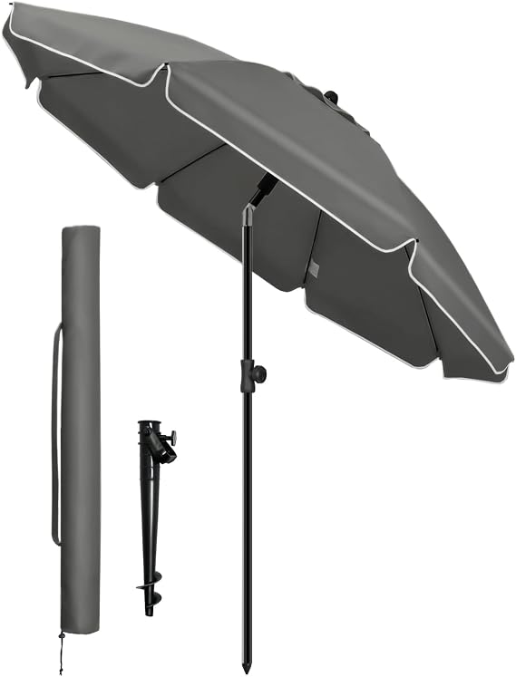 VOUNOT® 2m Tilting Garden Parasol with Ground Anchor, Beach Umbrella with Carry Bag, UV 50+, Adjustable Outdoor Parasol for Patio, Deck & Table, Grey