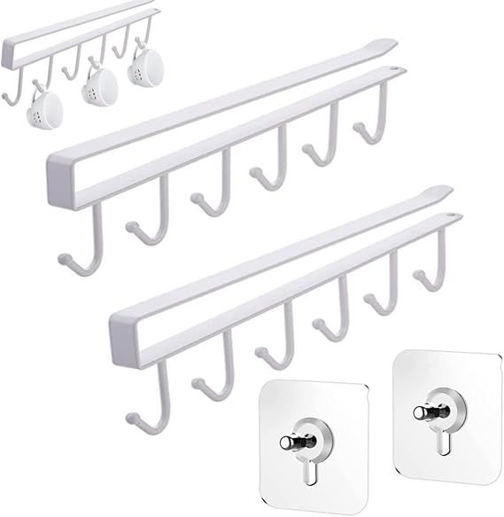 Mug Holder Under Cabinet Cup Rack Organizer with 6 Hooks Under Shelf Hanger Drilling Free Drying Cupboard Storage for Kitchen Restaurant Hanger Tea Cup Display Rack - White