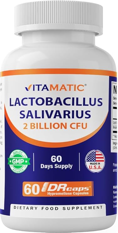 Vitamatic Lactobacillus Salivarius 2 Billion per DR Capsule - 60 Count - Digestive Support - Made with Prebiotic Inulin Fiber (1 Bottle)