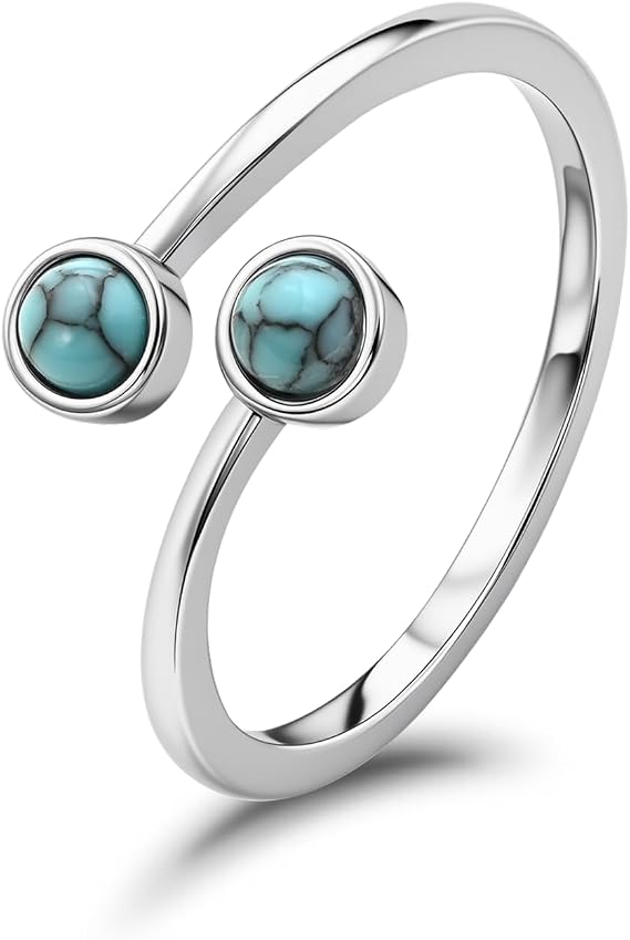 Silver Turquoise Ring for Women - Adjustable Stacking Double Stone Ring, Elegant Teal Gemstone Jewellery Gift for Her