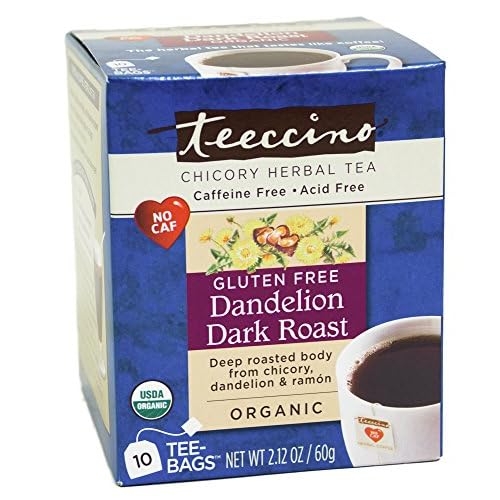 Teeccino Dandelion Tea Dark Roast Roasted Herbal Tea | Organic Roasted Dandelion Root | Prebiotic | Caffeine Free | Gluten Free Acid Free Coffee Alternative, 10 Tea Bags Pack of 6