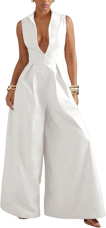 Verdusa Women's Zip Up Wide Leg Jumpsuits Dressy Formal One Piece Jumpsuits