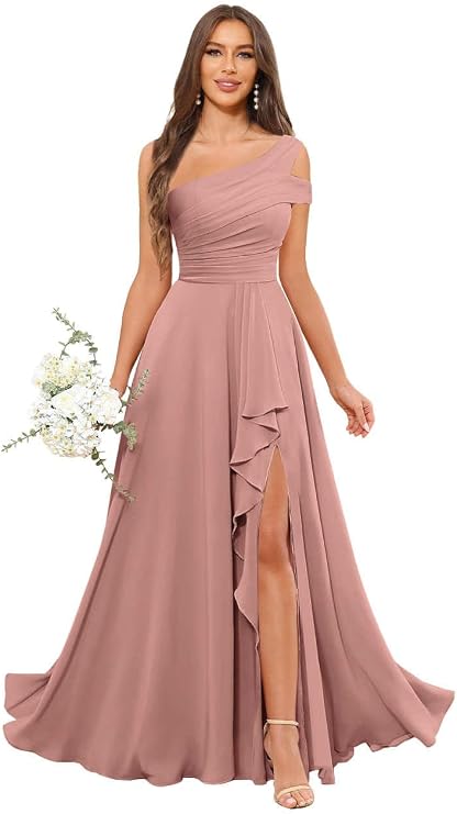 One Shoulder Bridesmaid Dresses for Women with Slit Pleated Chiffon Formal Wedding Guest Dress