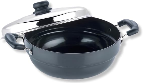 Vinod Black Pearl Hard Anodised Multi Kadai, 26cm,5 Plates - 2 Idli, 2 Dhokla,1 Patra Plate, Steamer for Idli, Dhokla, and Momos, Scratch Resistant, Induction Friendly