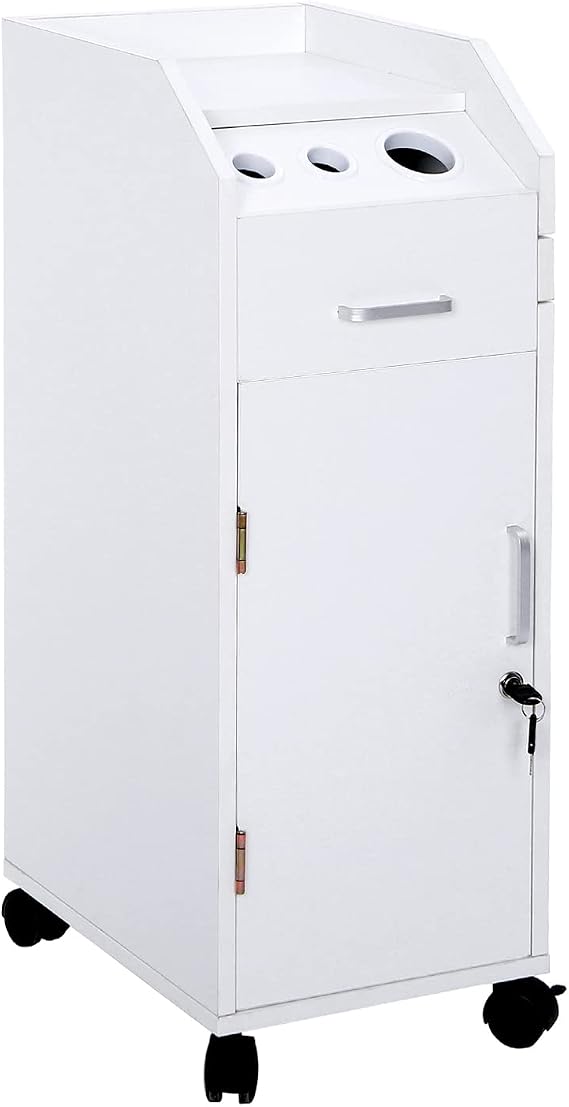 White Beauty Salon Trolley Storage Cart Hair Dryer Holder Stylist Equipment with Lockable Rolling Wheels, Hairdressing Tools Station Mobile Makeup Case, SPA Utility Trolley 12.4" L x 20" W x 34" H