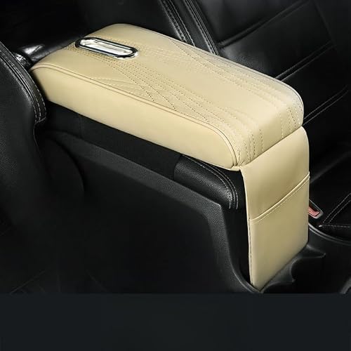 Car Console Cover Armrest Box Pad Leather Protection Cushion with Tissue Box and Storage Bag Auto Arm Rest Booster Pad Waterproof Mat Vehicle Interior Accessories, BeigeL