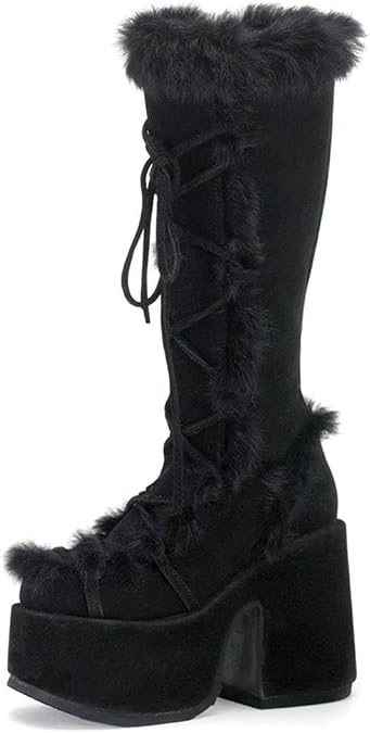 CELNEPHO Gothic Platform Knee High Boots Faux Fur Block Heel Winter Shoes