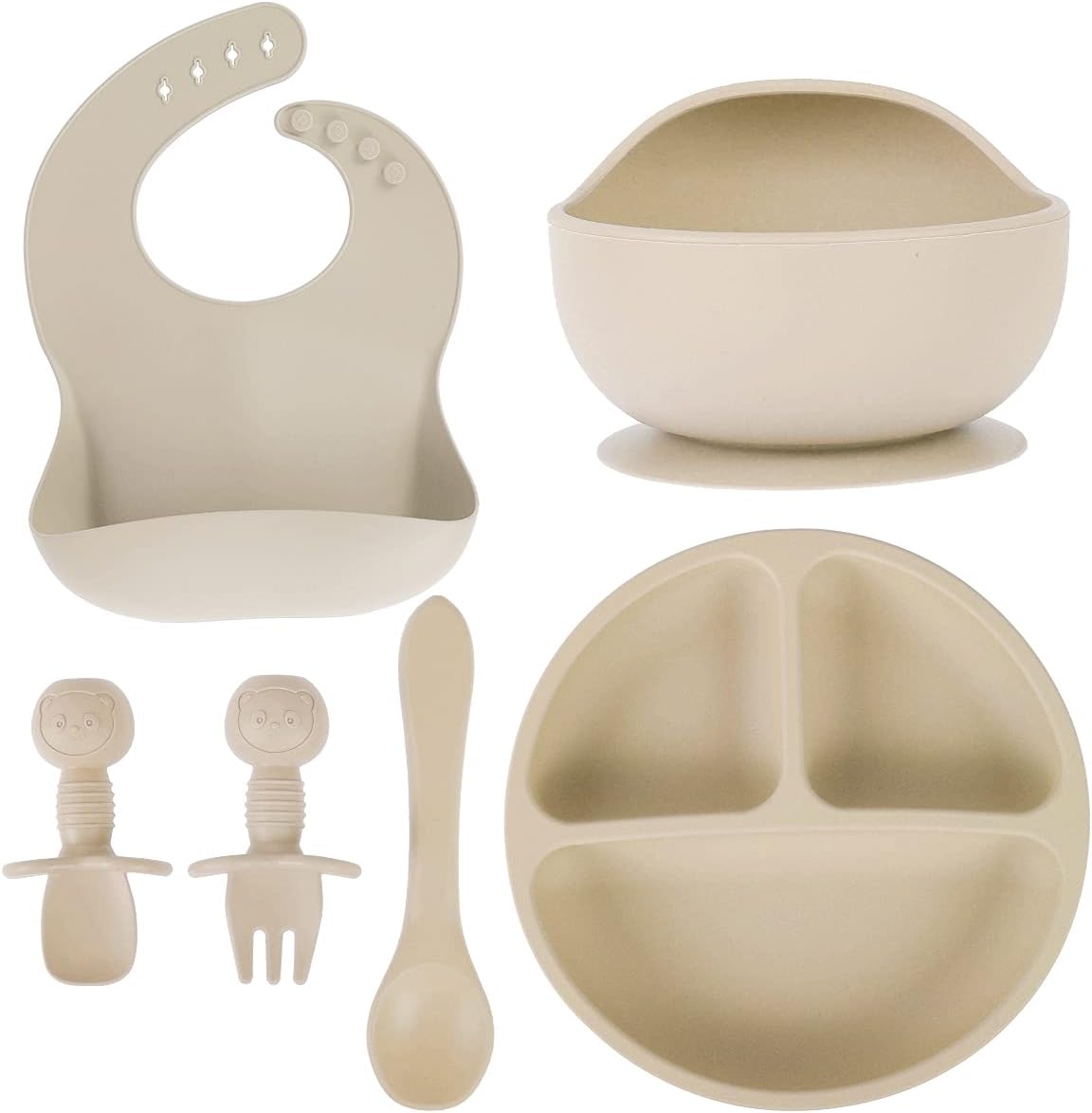 HOTBEST Set of 6 Baby Feeding Set, Silicone Baby Tableware Set, Food Grade Infant Dinnerware Set, BPA Free Baby Led Weaning Supplies, Non-Slip Self Feeding Utensils for Toddlers Infant Kids Beige