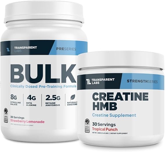 Transparent Labs Bulk Pre-Workout Powder (30 Servings, Strawberry Lemonade) & Creatine HMB (30 Servings, Tropical Punch)