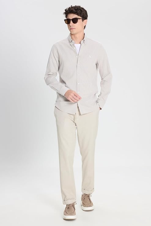 ALTINYILDIZ CLASSICS Erkek Bej Pamuklu Slim Fit Diagonal Desenli Pileli Yan Cep Casual Pantolon