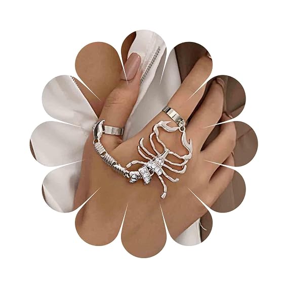 Gothic Scorpion Chain Hand Ring Silver Scorpion Finger Ring Punk Knuckle Joint Rings Halloween Statement Rings Set for Women (Silver)