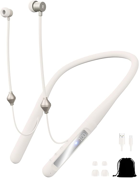 Air Tube Bluetooth Headphones with LED Battery Display,EMF Free Neckband Wireless Earbuds with 25H Playtime,HD Bass Airtube Headphone Emf Free with Mic And Controls,Airtube Earbuds For Sleep,Work,Gym