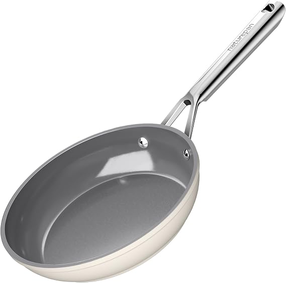 20cm Ceramic Frying Pan, Diamond-Titanium Nonstick Pan, PFAS & PTFE & PFOA Free, Stainless Steel Handle, Dishwasher/Oven Safe, Beige