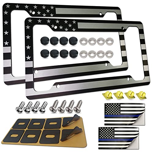 American Flag License Plate Frames - 2 Pack USA Patriotic Black Car Tag Holder, 4 Hole Brushed Aluminum Cover with Screw Caps for Vehicle Truck or SUV