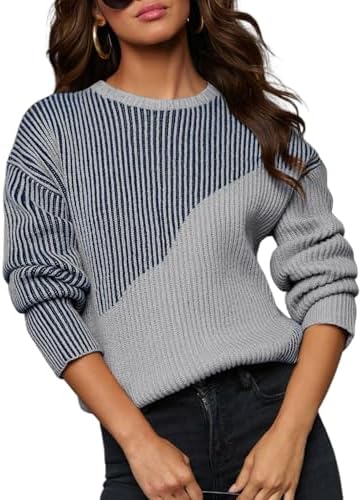 Sidefeel Womens Long Sleeve Crewneck Color Block Pullover Sweaters Casual Striped Loose Knit Tops Trendy Fall Outfits