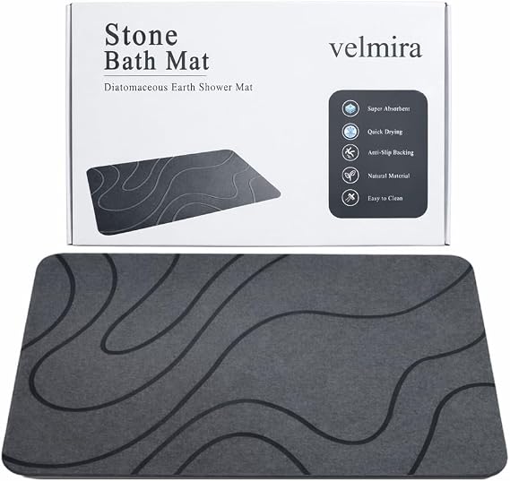 Stone Bath Mat, Quick Dry Shower Mat, Diatomaceous Earth Shower Mat, Non-Slip Hard Surface, Ultra Absorbent Bathroom Floor Mat for Tub, Entry, or Sink – 23.6" x 15.4", Gray (Wave)