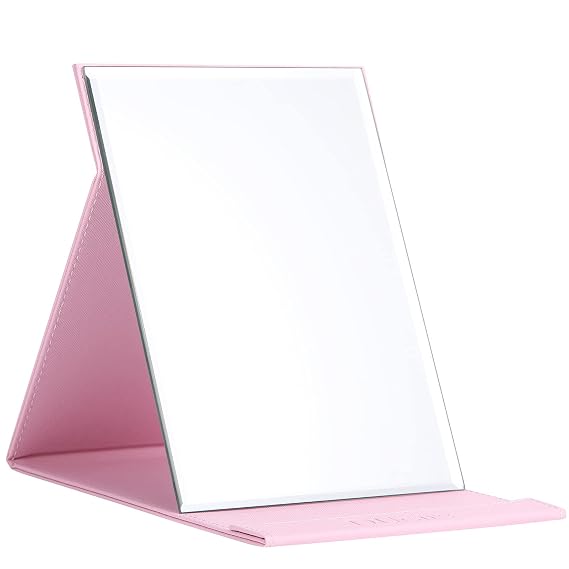 DUcare Folding Table Mirror 6x8 Inch - Portable Desk & Travel Mirror with PU Leather Cover, Adjustable Stand for Makeup, Shaving, Crafting, Pink
