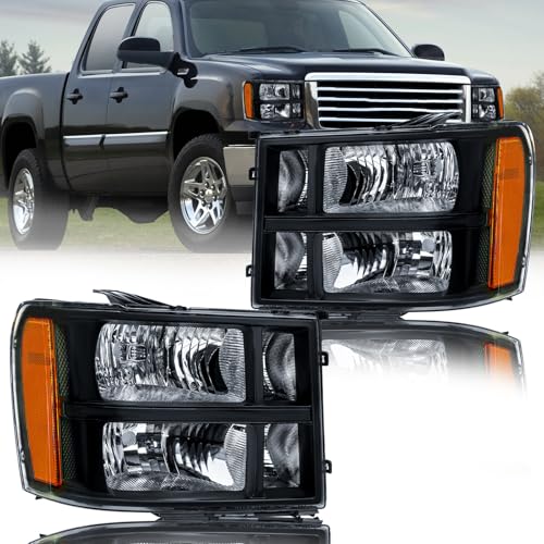 Headlight Assembly, Headlights Kit Compatible with 2007 2008 2009 2010 2011 2012 2013 GMC Sierra 15002007-2014 Sierra 2500HD2007-2014 Sierra 3500HD Headlamp Black Housing Amber Reflector