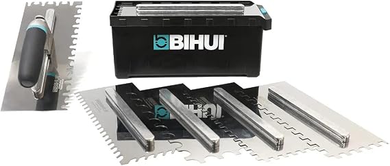 BIHUI 8-Piece Tile Trowel Set in Stainless Steel - 1 Changeable TPR Handle with Square, Round, Tiger and Diagonal Notch Trowels and Storage Tool Box