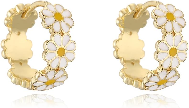 Cute Daisy Flower Hoop Earrings for Women Dainty Yellow White Enamel Lucky Floral Small Huggie Hoops Hypoallergenic Fashion Jewelry for Her Daughter
